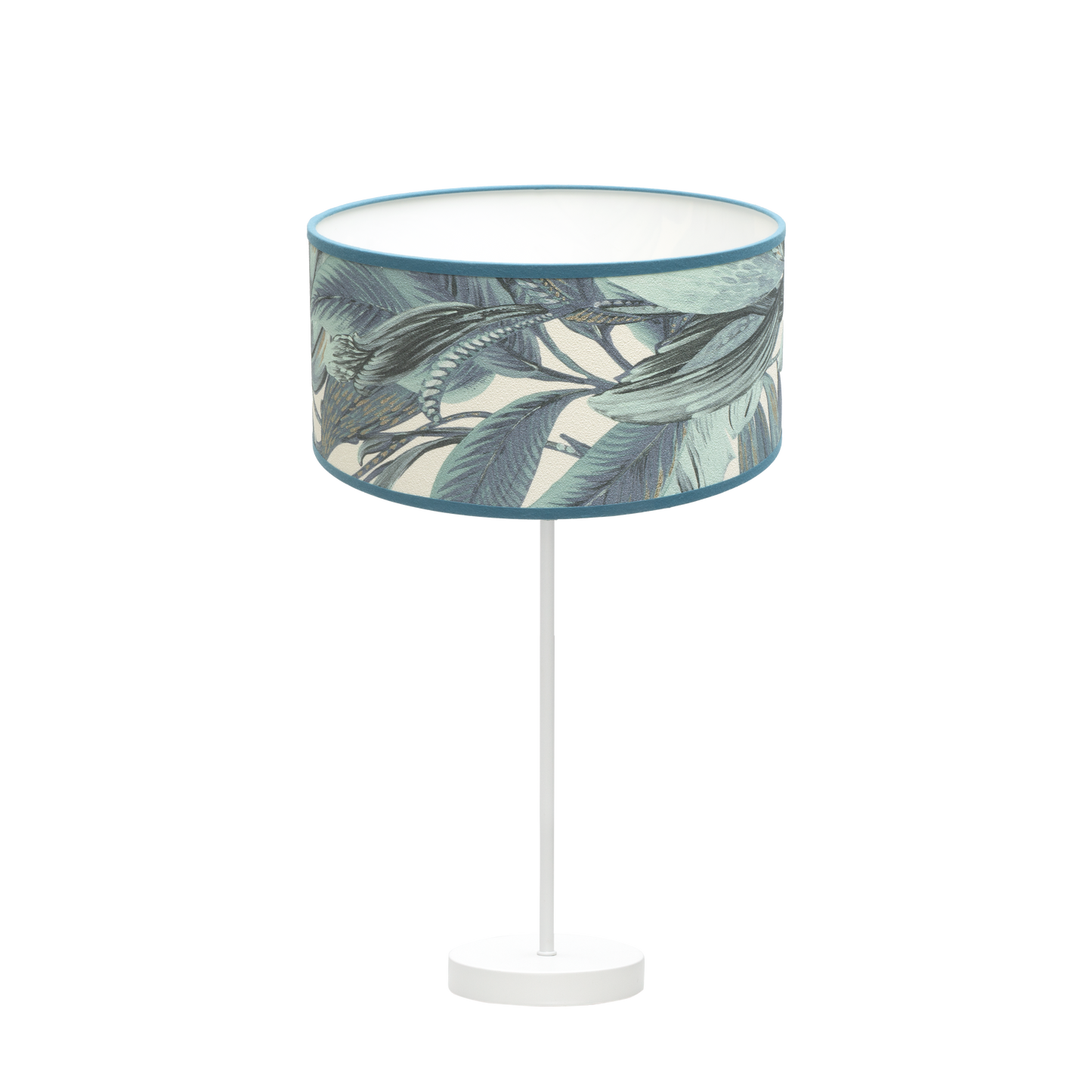 Sobremesa Argel fabricada en metal color blanco con pantalla textil azul