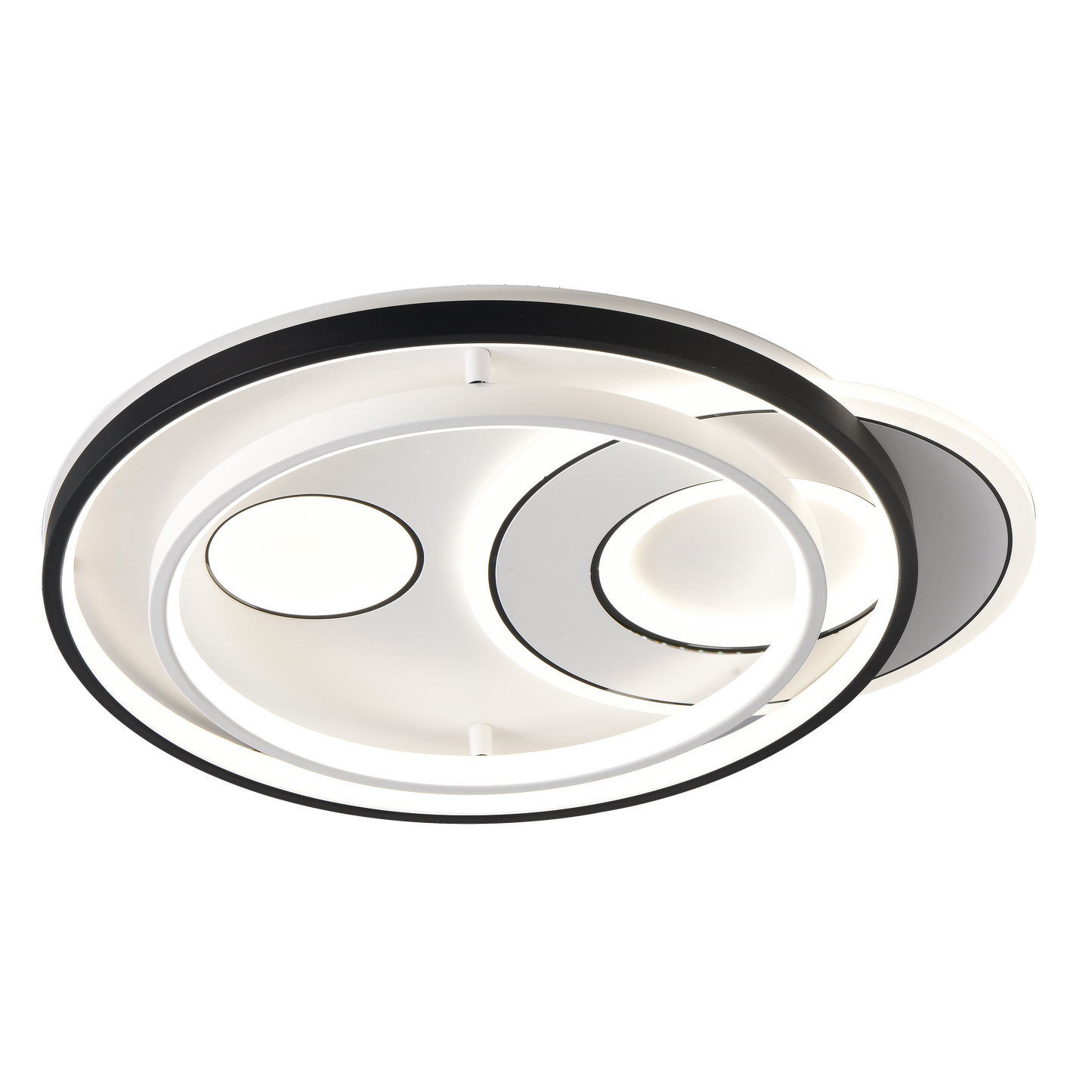 Plafón Evora fabricado en metal color negro y policarbonato blanco, luz ajustable.