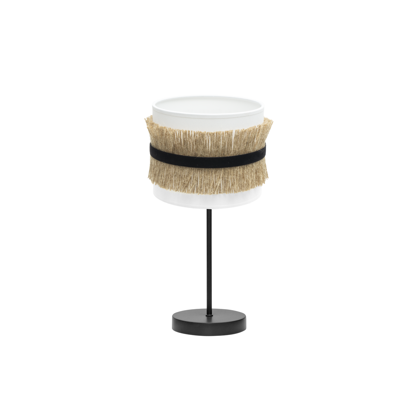 Lámpara de mesa Angola fabricada en textil y metal color negro, blanco y yute