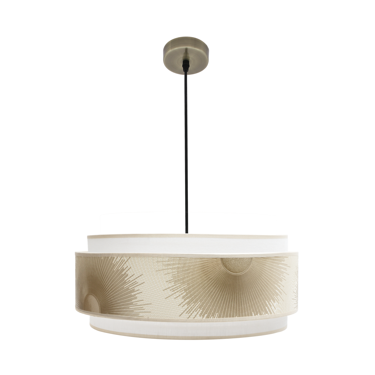 Lámpara colgante Nepal fabricada en metal color cuero y textil blanco/oro