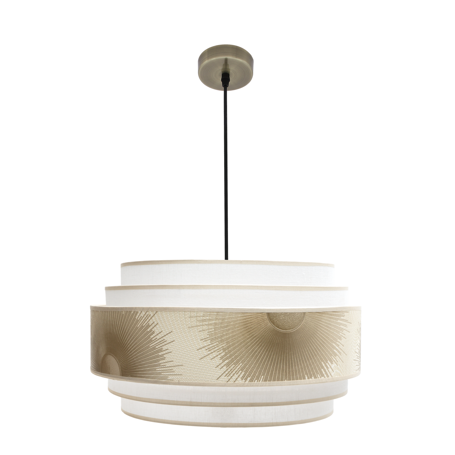 Colgante Nepal 5P 3xe27 Cuero/Blanco/Oro 50x50cm de Fabrilamp, vista frontal.