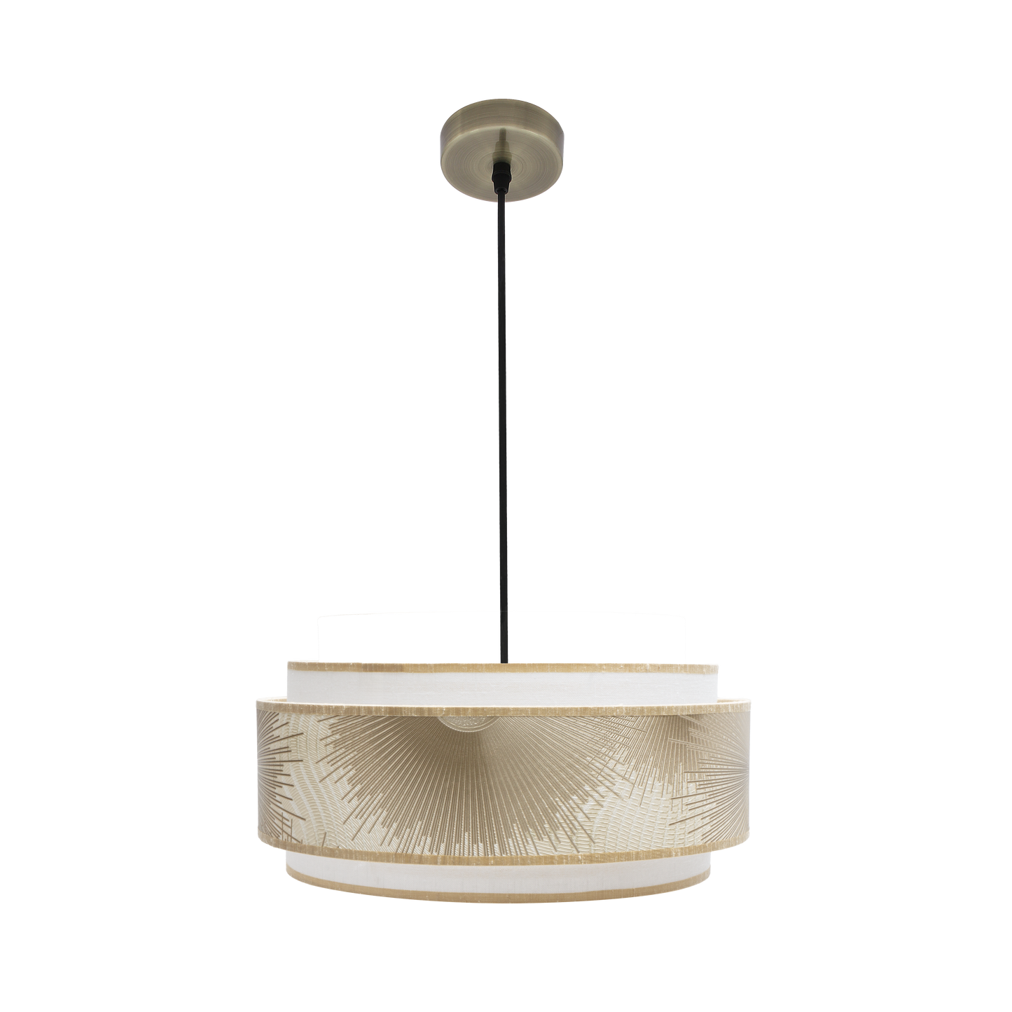 Lámpara colgante Nepal fabricada en metal y textil color cuero, blanco y oro