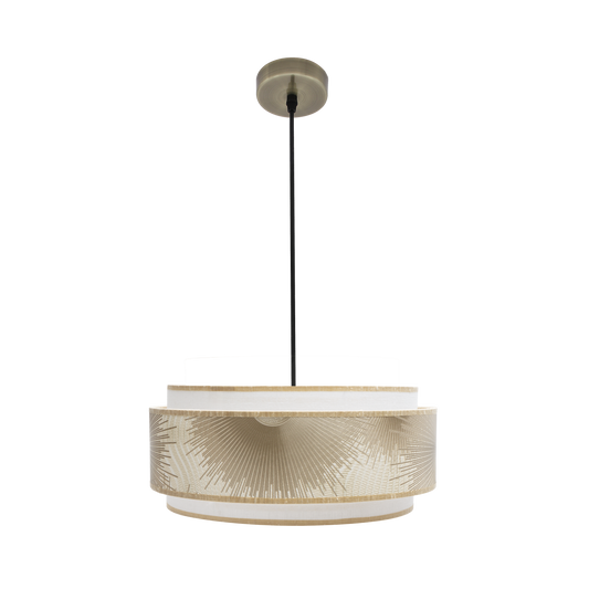Lámpara colgante Nepal fabricada en metal y textil color cuero, blanco y oro