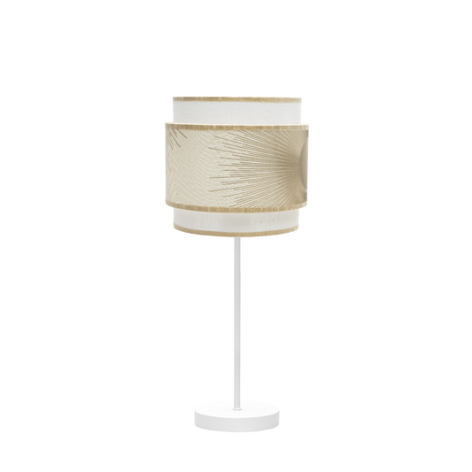 Sobremesa Nepal fabricada en metal color blanco con pantalla textil blanca y oro