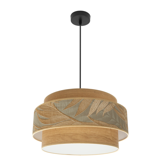 Lámpara colgante Samoa fabricada en metal color negro y pantalla textil camel, ideal para salones