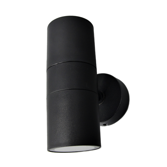 Aplique exterior Becala negro 2xGU10 IP44 de Fabrilamp, vista frontal.