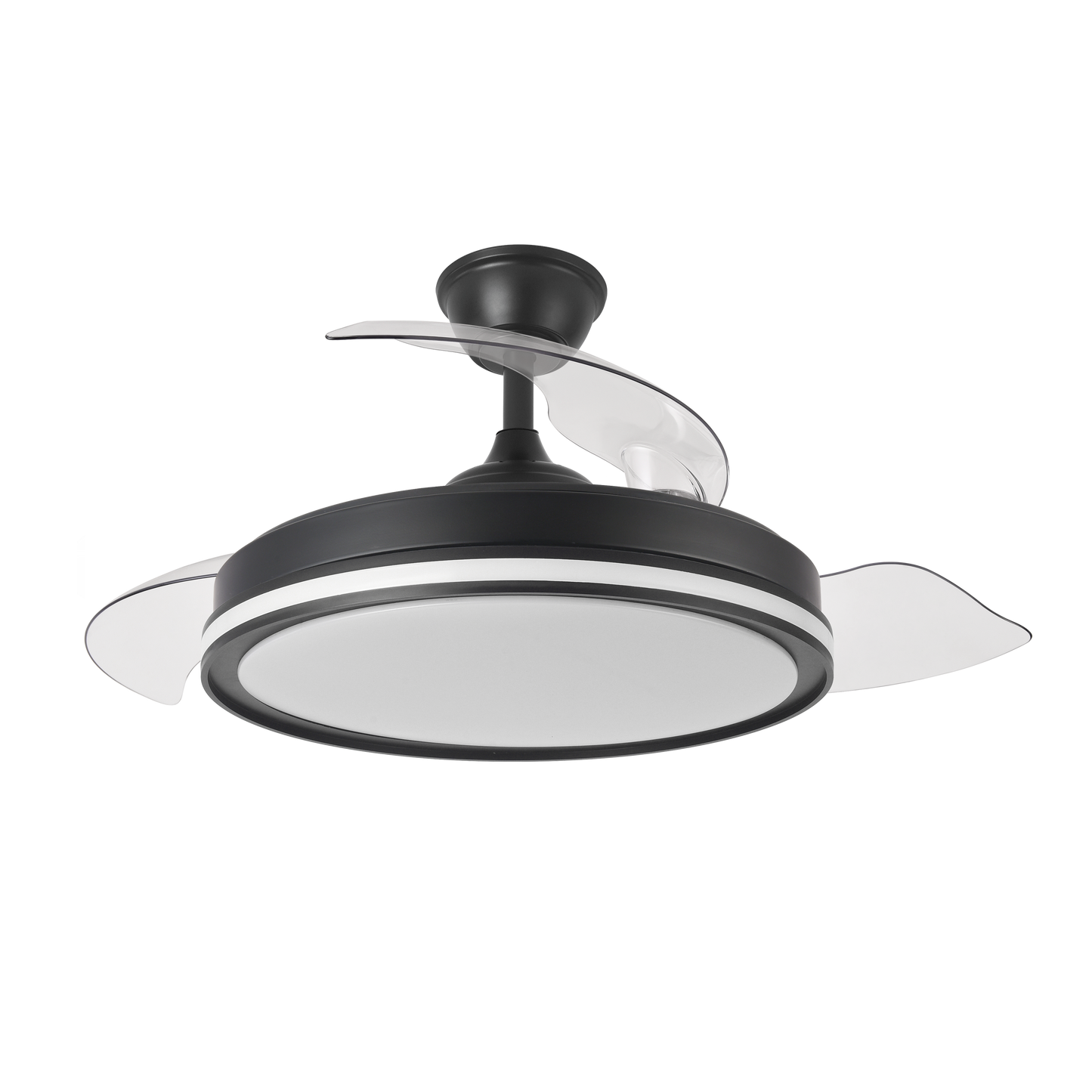 Ventilador de techo negro con aspas transparentes y luz RGB