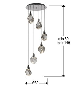 Plano con medidas de Lámpara Colgante Aquaria 6 Luces LED Cromo y Cristal Schuller