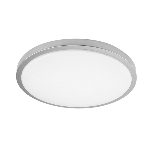 Plafón Kirat fabricado en metal color plata y policarbonato blanco
