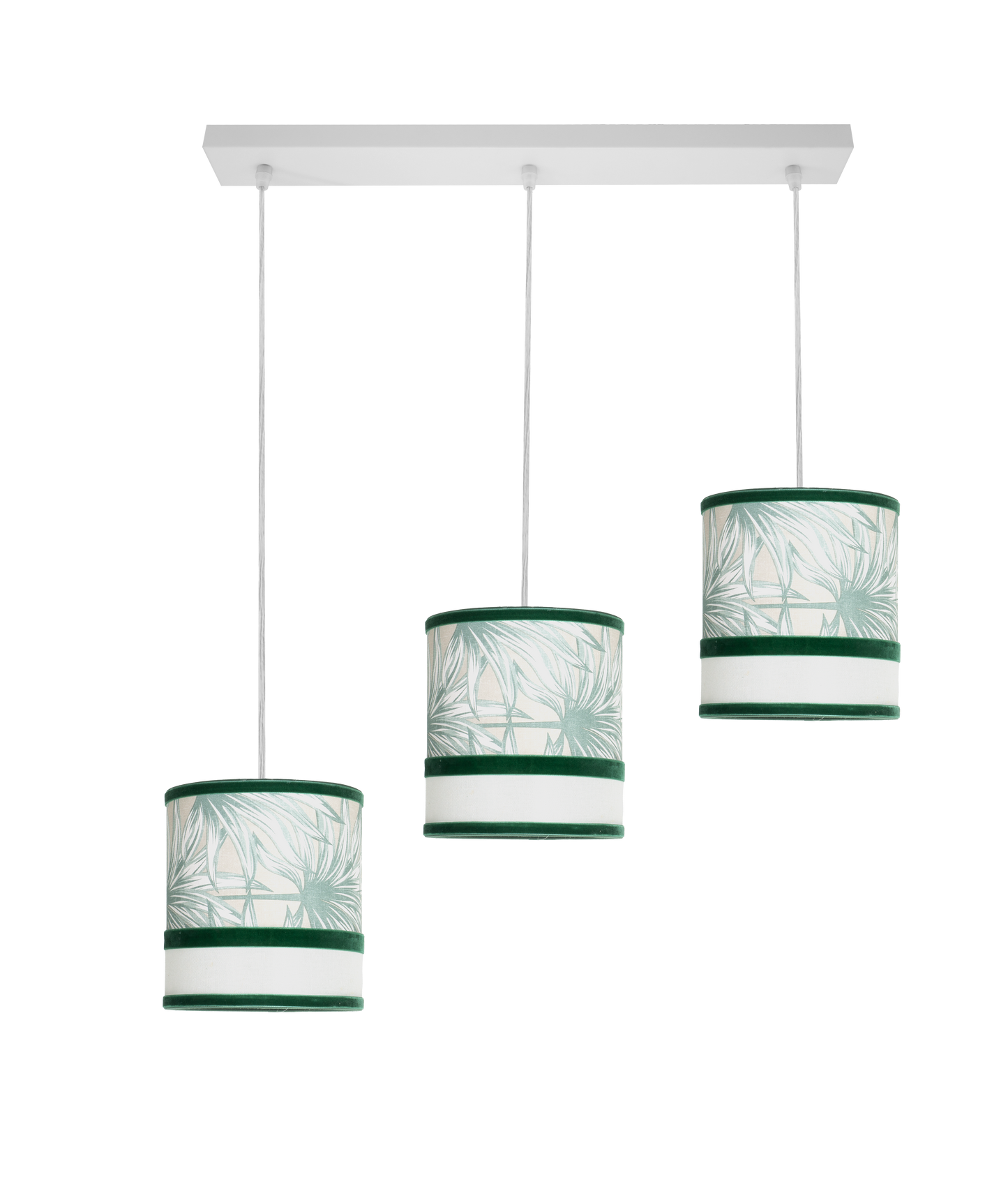 Regleta Caledonia fabricada en metal y textil color blanco y verde, ideal para salones y comedores.