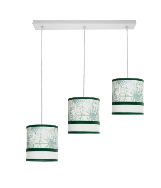 Regleta Caledonia fabricada en metal y textil color blanco y verde, ideal para salones y comedores.