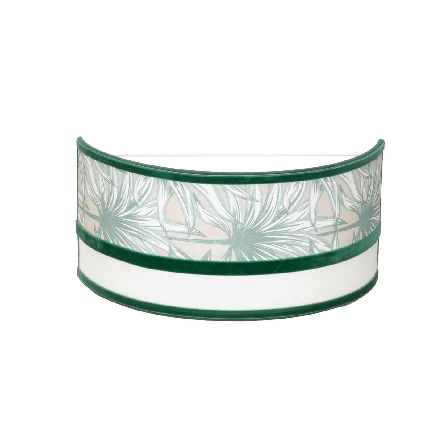 Aplique Caledonia fabricado en metal color blanco con pantalla textil y ribete verde
