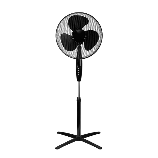 Ventilador Flip fabricado en metal color negro, con aspas de policarbonato, para un hogar confortable.