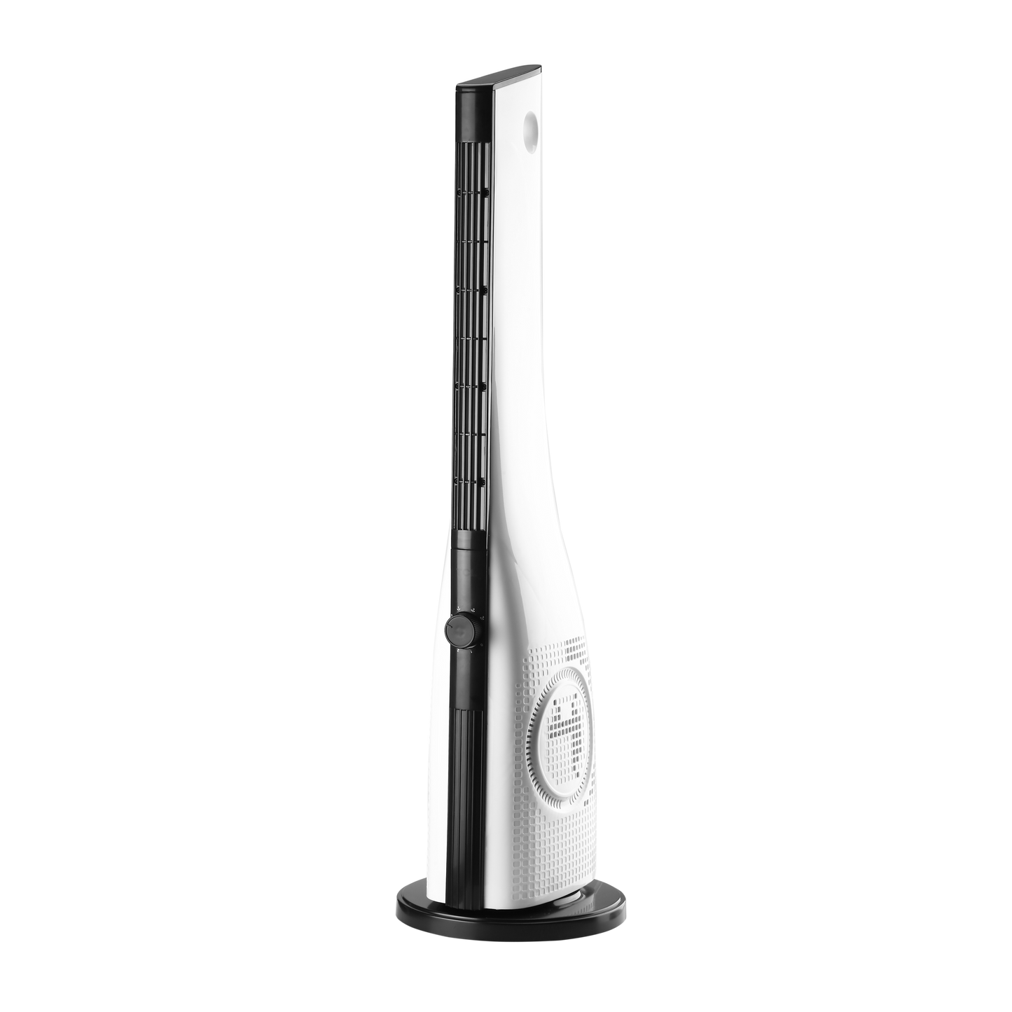 Ventilador de torre Cebreros Fabrilamp / Abrila fabricado en metal y ABS, color blanco y negro.