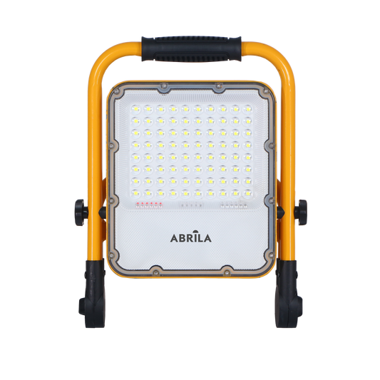 Vista lateral del Proyector Inalámbrico Brion 50W Amarillo Fabrilamp mostrando su diseño compacto