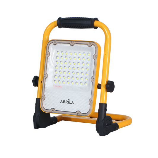 Proyector Inalámbrico BRION 30W 6500K Amarillo Fabrilamp vista lateral y plegado