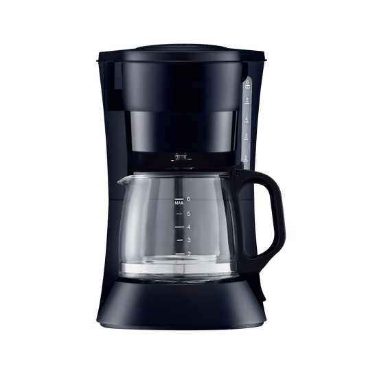 Cafetera XENA negra de Fabrilamp / Abrila vista frontal con jarra de cristal y visor de agua
