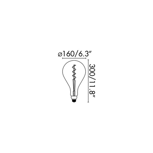 Plano con medidas de Bombilla LED Filamento A160 Ámbar E27 5W 2200K Faro