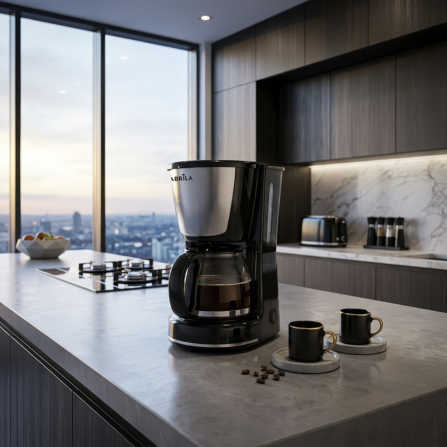 Cafetera de goteo WANDA negra Fabrilamp en un ambiente de cocina moderna