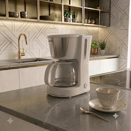 Vista lateral de la cafetera de goteo Wanda 6 tazas blanca, mostrando el visor de nivel de agua
