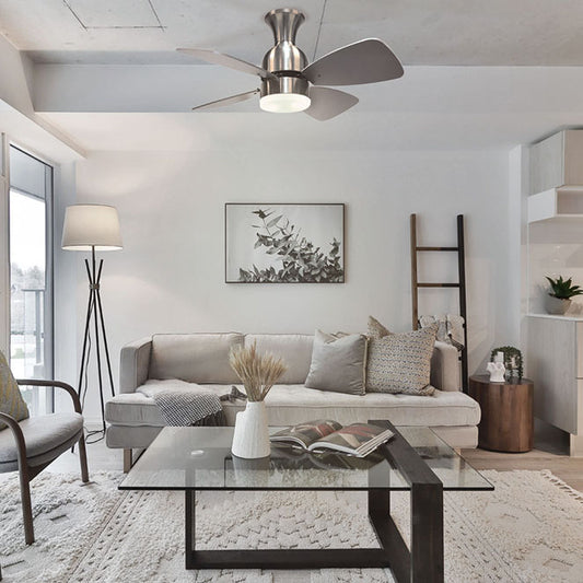 Detalles del Ventilador de Techo LED LUMIT FRESCO Níquel (Ref: 200093203B) de Interlusa: 81cm, 4 aspas reversibles, 16W LED 4000K, mando a distancia, temporizador, motor AC silencioso. Venta en LUZGURÚ.