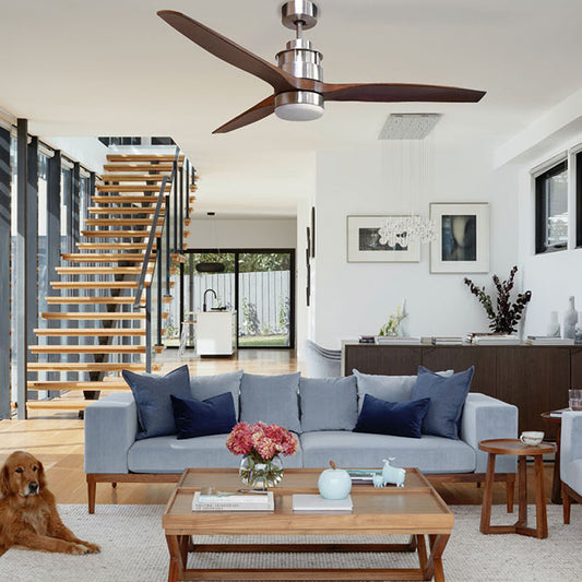 Detalles del Ventilador de Techo LED Lumit Bravo (Ref. 200795202B) de Interlusa: 132cm, níquel/wengué, 16W, 4000K, 3 aspas, mando a distancia, modos verano/invierno, temporizador. Iluminación eficiente y diseño elegante.