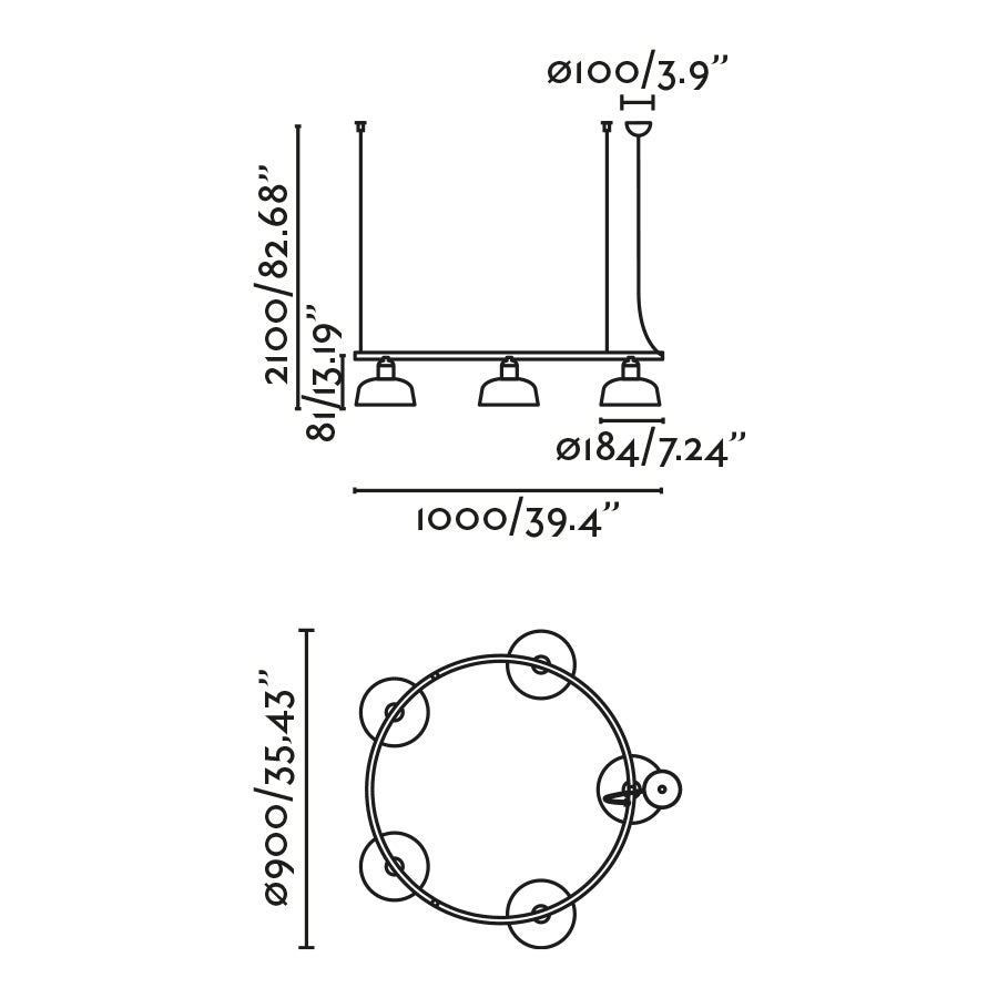Plano con medidas de Lámpara Colgante Circular Tatawin S 5L Verde Brillo FARO