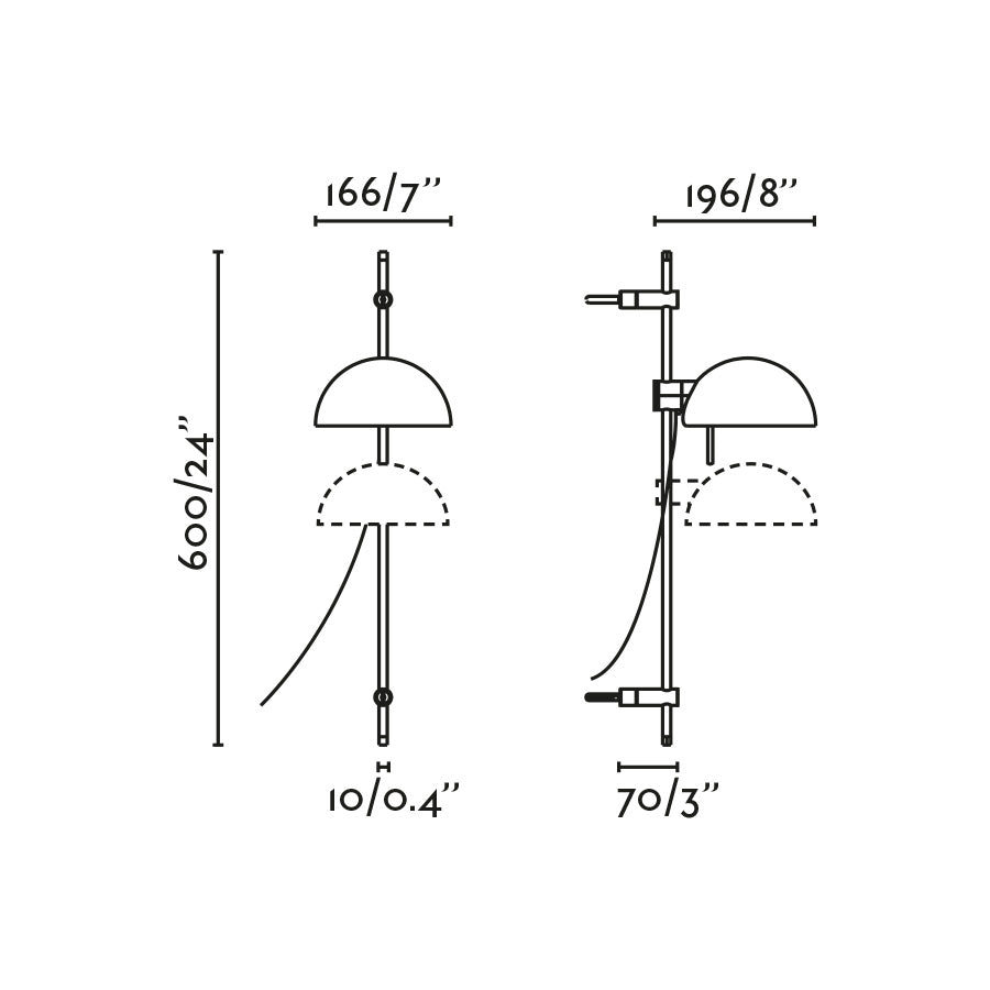 Plano con medidas de Aplique de Pared Móvil Matilda Faro Lab - Granate · Ref. 20510-138