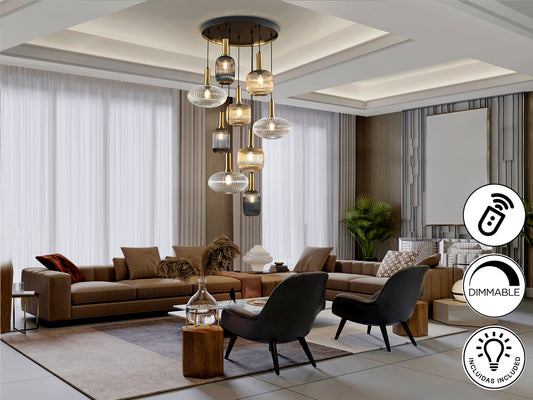 Lámpara Colgante Norma 9 Luces Negro y Latón Dimable Schuller en ambiente decorado | Schuller