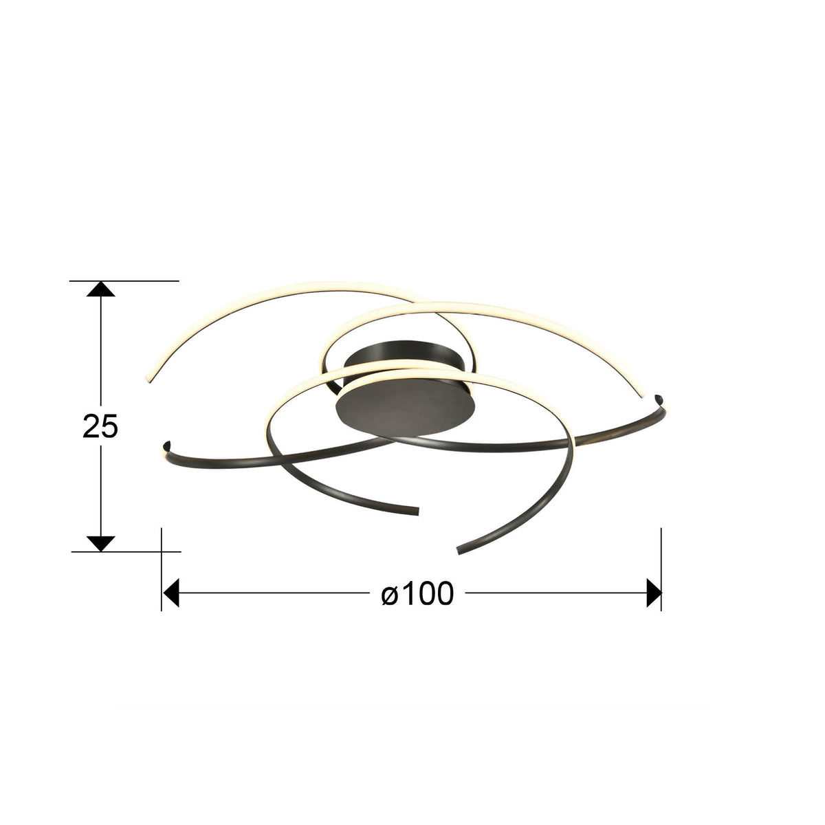 Plano con medidas de Plafón de Techo LED Cadence 100 cm 68W Negro Mate Schuller