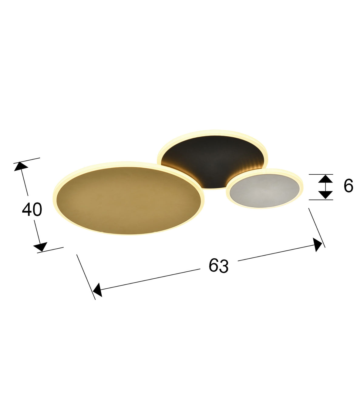 Plano con medidas de Plafón de Techo LED Umbra 32W Oro Negro y Blanco Schuller