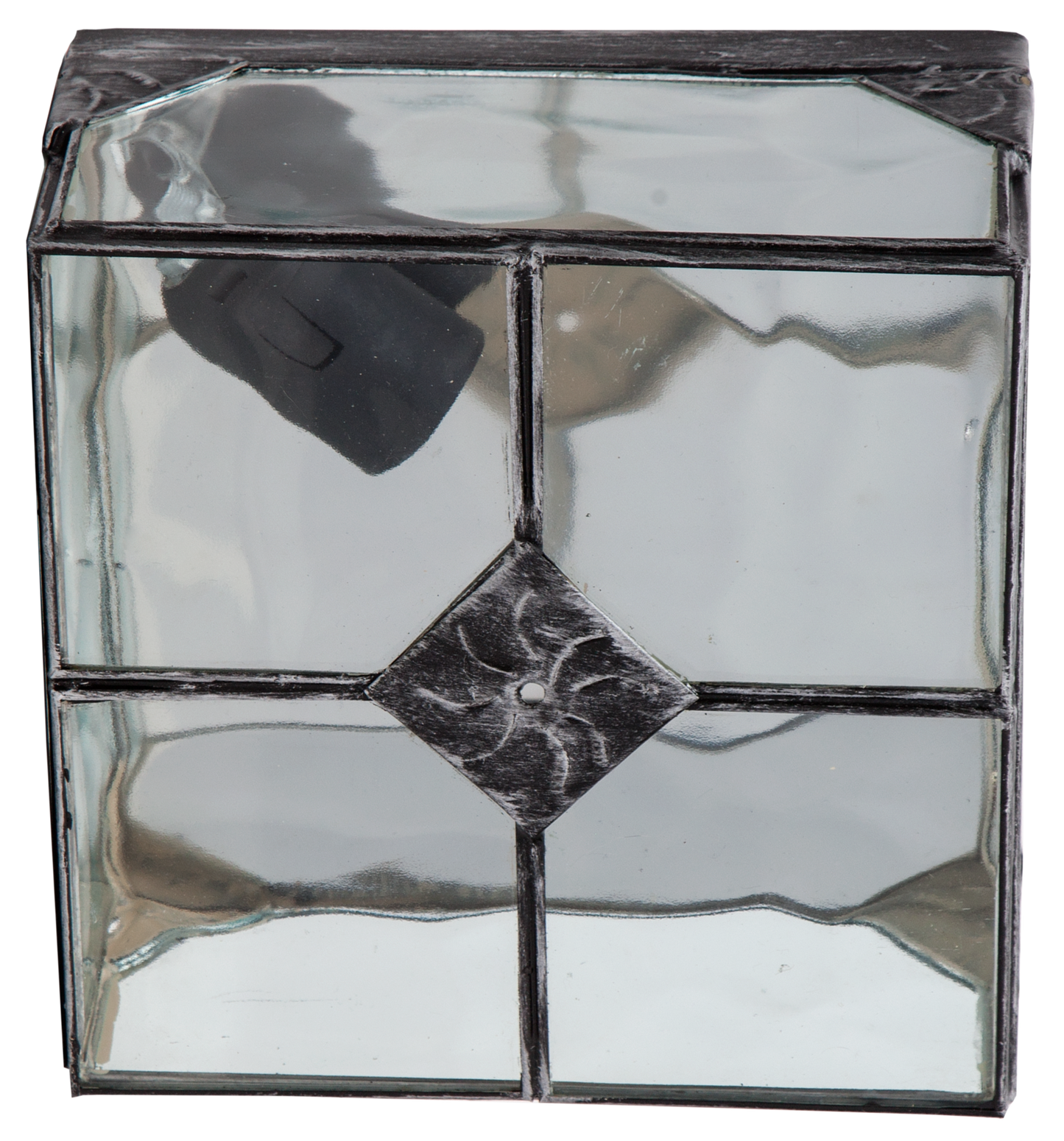 Plafón Estepa fabricado en metal color plata envejecida y cristal rugoso.