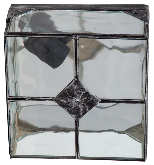 Plafón Estepa fabricado en metal color plata envejecida y cristal rugoso.