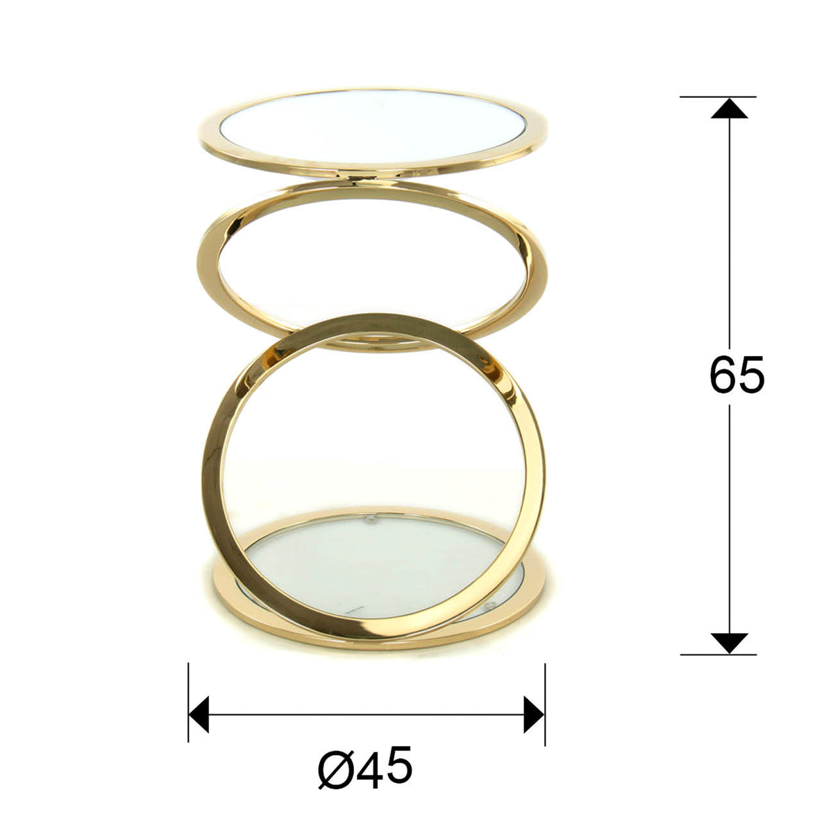 Plano con medidas de Mesa Auxiliar Redonda Aros 45 cm Oro Brillo con Espejo Schuller