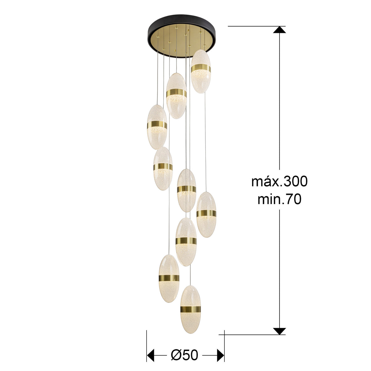 Plano con medidas de Lámpara Colgante Garden 9 Luces LED 54W Negro y Bronce Schuller