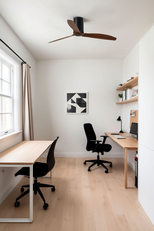 Ventilador techo Faro fabricado en acero + cristal color negro mate, palas ABS nogal, diámetro 128 cm para habitaciones medianas