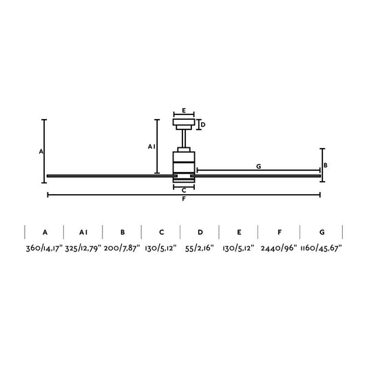 Plano con medidas de Ventilador de Techo con Luz Manhattan XXL 244 cm Níquel Mate Faro