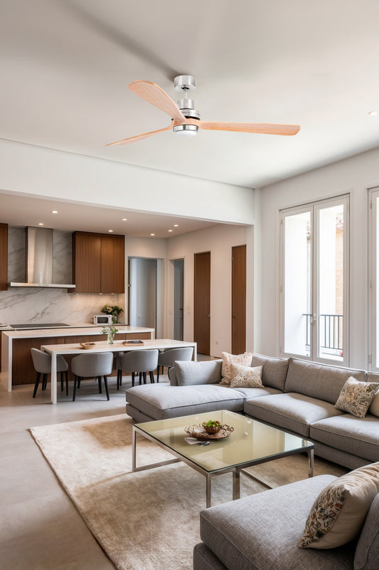 Ventilador de techo LED FARO LANTAU XL (33505DCWW) - Níquel mate/Pino WIZ. Diseño moderno, iluminación cálida (3000K, 900 lúmenes) y motor DC silencioso. Diámetro 1680mm. Control inteligente WIZ.