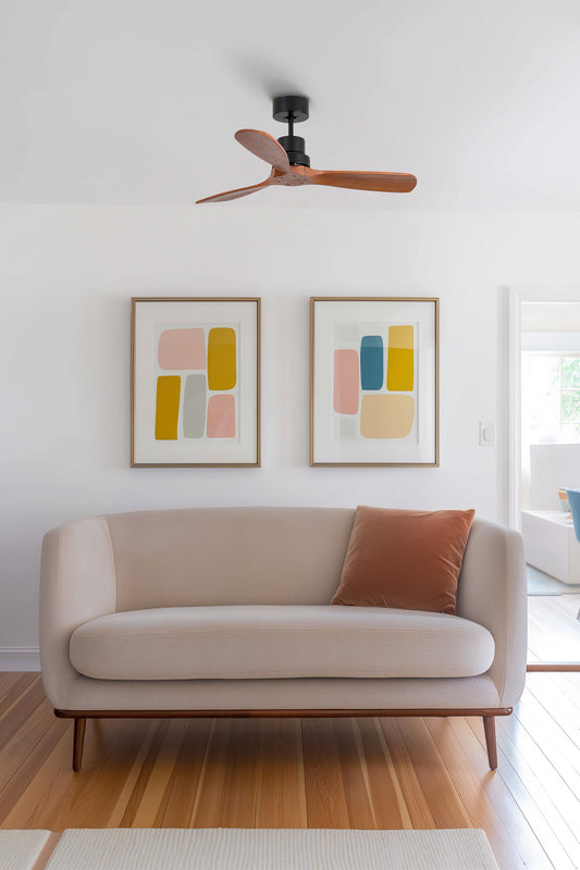 Ventilador MINI LANTAU S fabricado en Acero color Negro Mate y madera de pino color Nogal