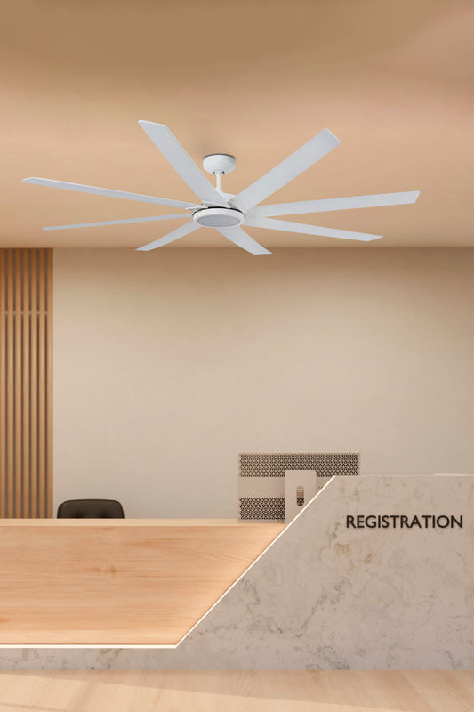 Ventilador de techo LED FARO Century XL 33553AWW blanco WIZ, serie 3359. Diseño moderno, 1650mm, motor DC silencioso, 6 velocidades, luz LED 3000K (1200 lúmenes), control WIZ. LuzGurú.