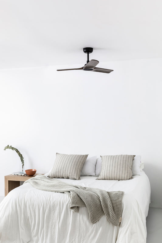 Ventilador HEYWOOD S fabricado en Acero color Negro Mate, con palas de madera de pino en Nogal Oscuro