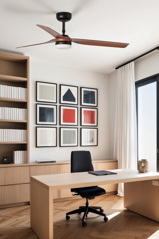 Ventilador de techo FARO PUNT M LED negro nogal (Ref. 33817WT-21), diseño moderno Smart Tuya, con luz LED integrada. Ideal para salón, dormitorio u oficina.