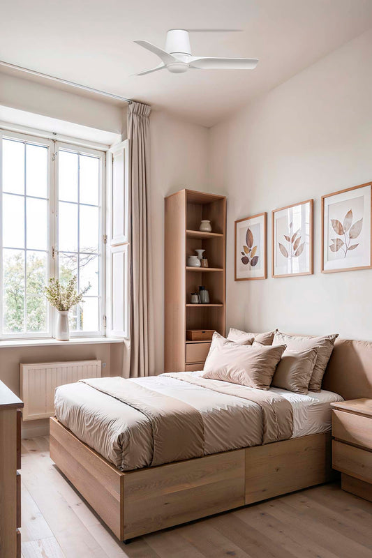 Ventilador de techo LED Faro Hey Tub LED S 33826WT-1TW, serie 3330. Diseño moderno blanco/madera, iluminación regulable, motor DC silencioso, control inteligente Tuya. Luzguru.