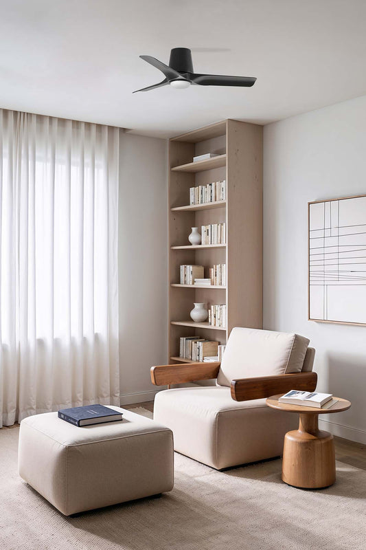 Ventilador de techo LED Faro Hey Tub LED S 33827-1TW, serie 3330. Diseño moderno negro/madera oscura, 900mm, luz regulable 2700-6000K, 6 velocidades, motor DC silencioso.