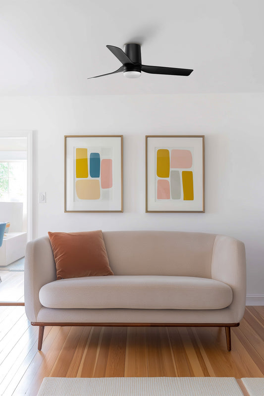 Ventilador de techo LED FARO MINI PUNT TUB S Negro, ref. 33834-1TW. Diseño moderno, motor DC silencioso, 6 velocidades, función verano-invierno, luz LED integrada. Ideal para estancias de hasta 13m².