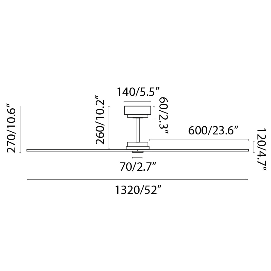 Plano con medidas de Ventilador de Techo Milos L Negro Mate 132 cm Faro