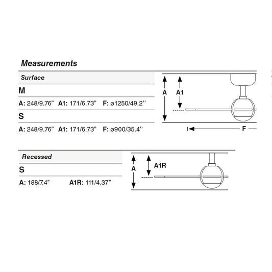 Plano con medidas de Ventilador de Techo Empotrado Sfera M Blanco Mate Motor DC FARO