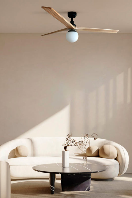 Ventilador de techo FARO KLIM L blanco/madera roble, ref. 34279WW-11L. Diseño moderno, 6 velocidades, luz E27 WIZ. Ideal para salón o dormitorio.