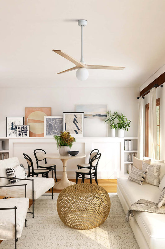 Ventilador de techo FARO KLIM M blanco/pino (Ref. 34280WT-11L) - Serie 3429, con luz E27 TUYA inteligente. Diseño moderno para salón, dormitorio u oficina.