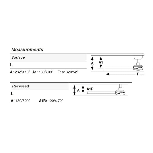 Plano con medidas de Ventilador de Techo Empotrado Rudder L 132 cm 4 Palas Fresno FARO